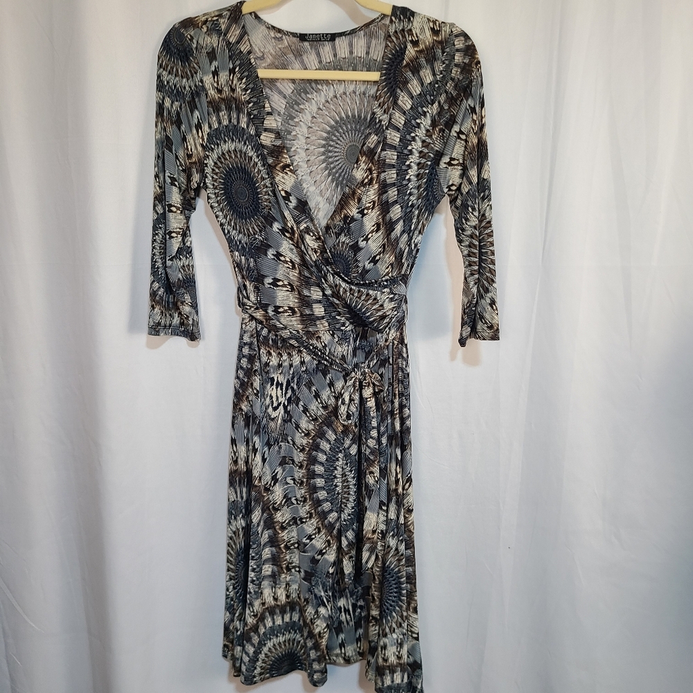 Janette Stylish Women's Faux Wrap Dress Pattern Small Midi 3/4 Sleeves